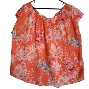LC Lauren Conrad‎ XL Orange Floral Top Gold Metallic Sheer Blouse Crisscross